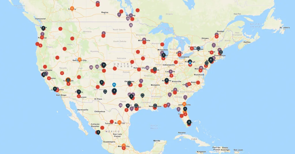 A map of North America with threat alerts marked to support travel risk management