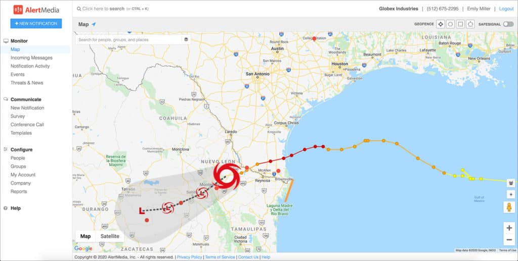 Visual showing hurricanes on the AlertMedia threat monitoring map