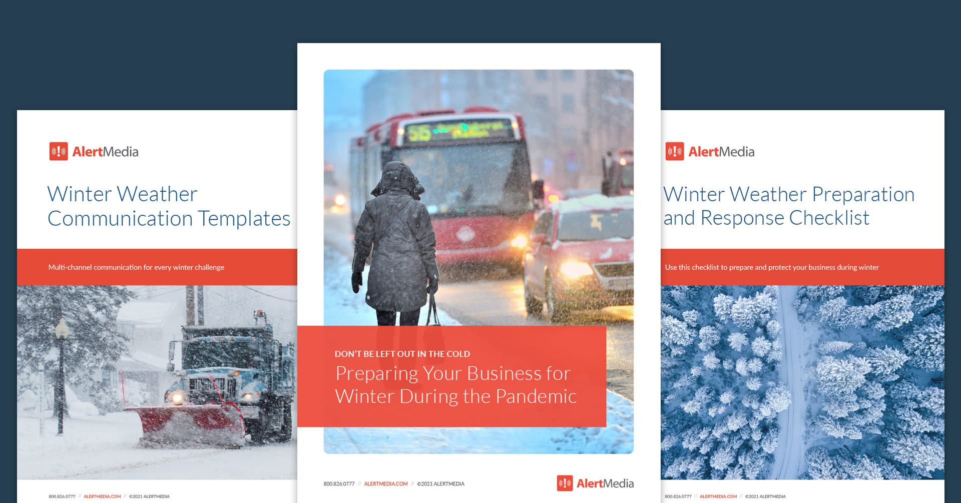 the covers of the three resources that make up AlertMedia's winter weather preparation kit