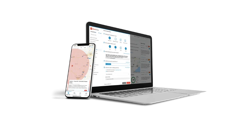 mobile phone and laptop with AlertMedia product screen showing
