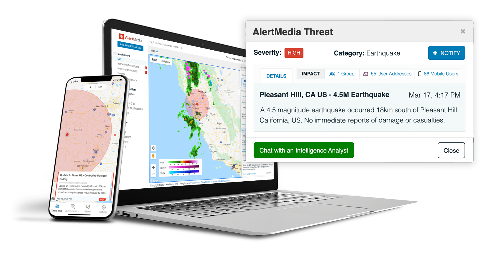 mobile phone and laptop displaying AlertMedia's Threat Intelligence product