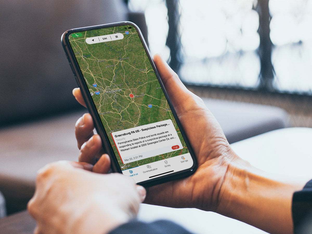 mobile device showing map of Pittsburgh with suspicious package warning