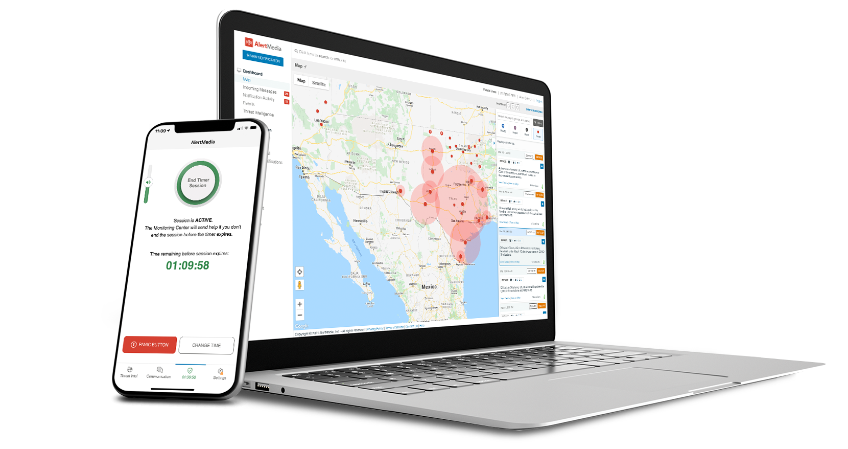 cell phone and laptop showing screen of safety monitoring map and product