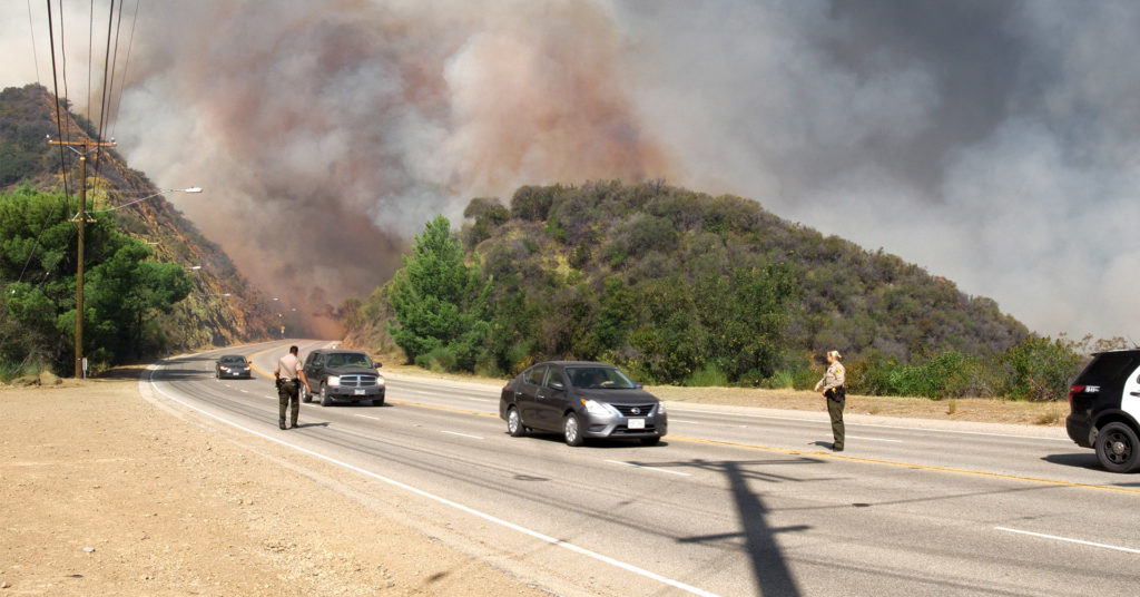 Cars on a highway during a wildfire evacuation