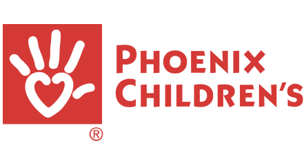 Red logo with white hand outline and heart palm. Text reads "phoenix children's"