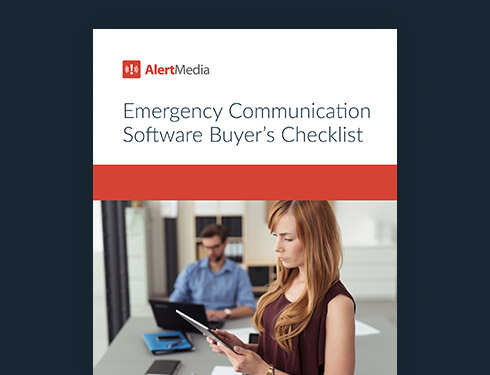 Cover preview of emergency software buyers checklist document with image of woman looking at tablet