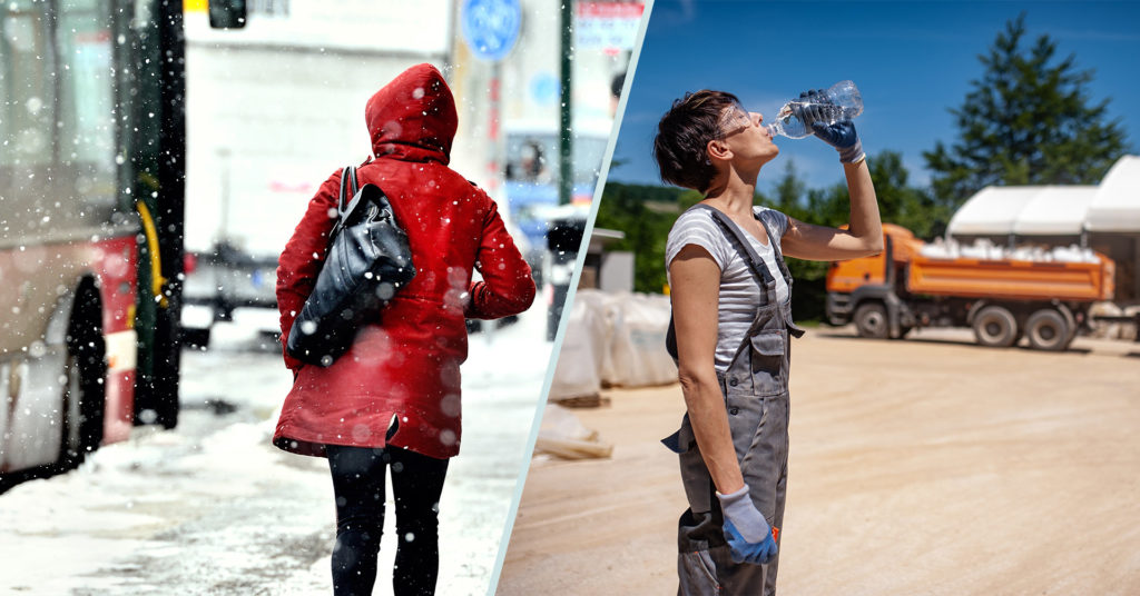 An image of a person stands in a snowstorm alongside an image of a person drinking water in extreme heat—an inclement weather comparison