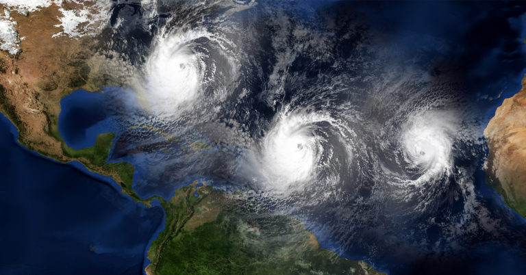 aerial map view of three hurricanes on the Atlantic Ocean