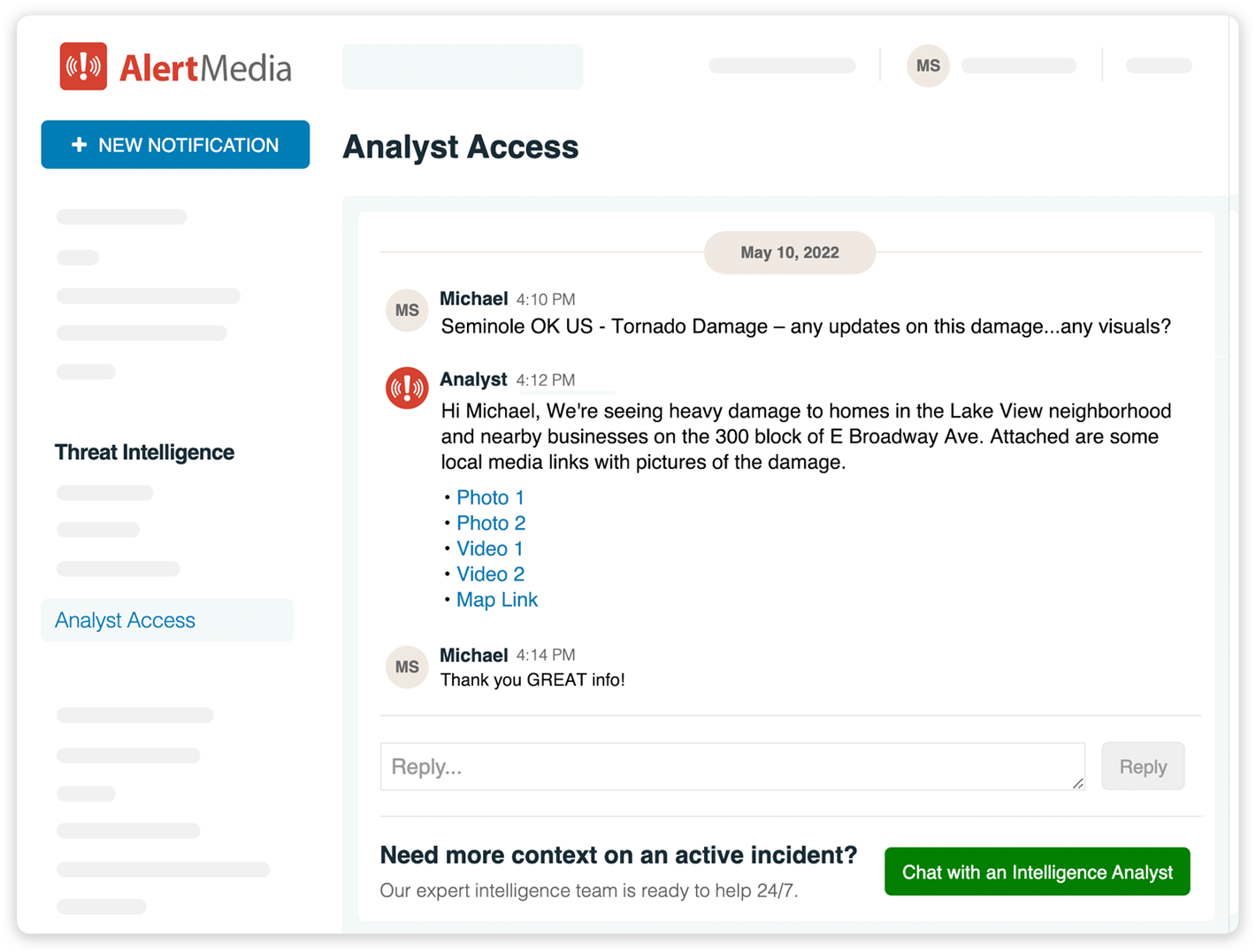 screenshot of AlertMedia's analyst access feature