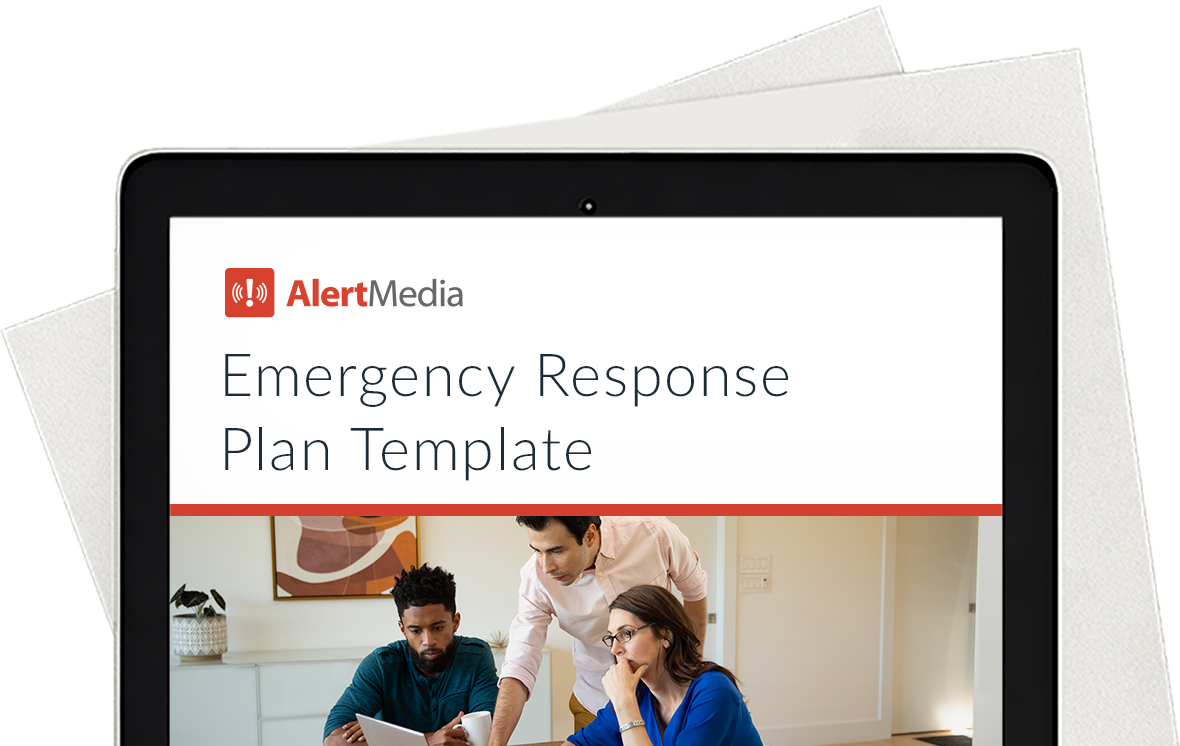 Tablet view of three people sitting on a table titled Emergency Response Plan Template