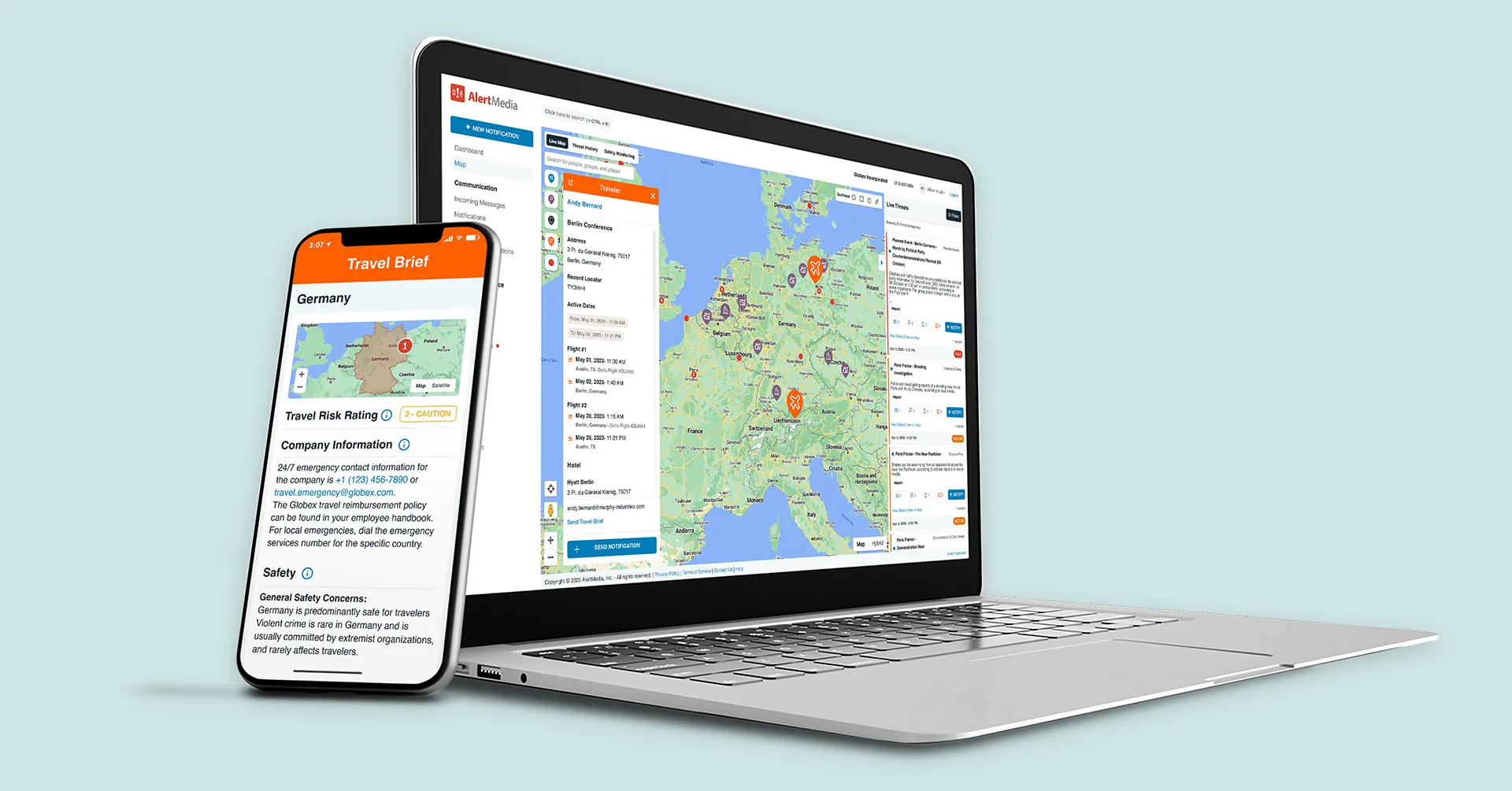 Desktop and mobile views of AlertMedia Travel Risk Management software.