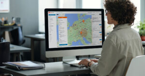 Woman uses AlertMedia's Travel Risk Management software on her desktop computer