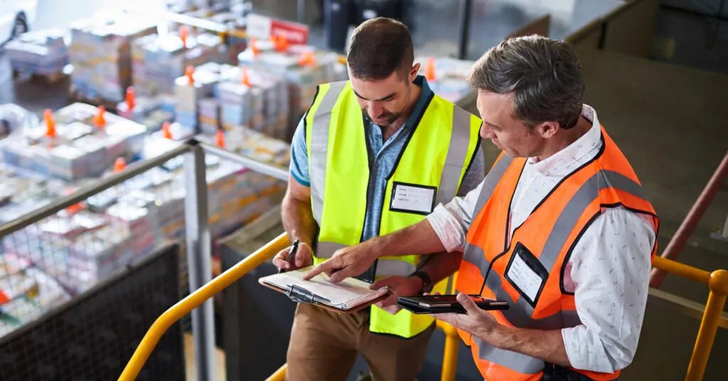 Two managers review plans with a warehouse view behind them.