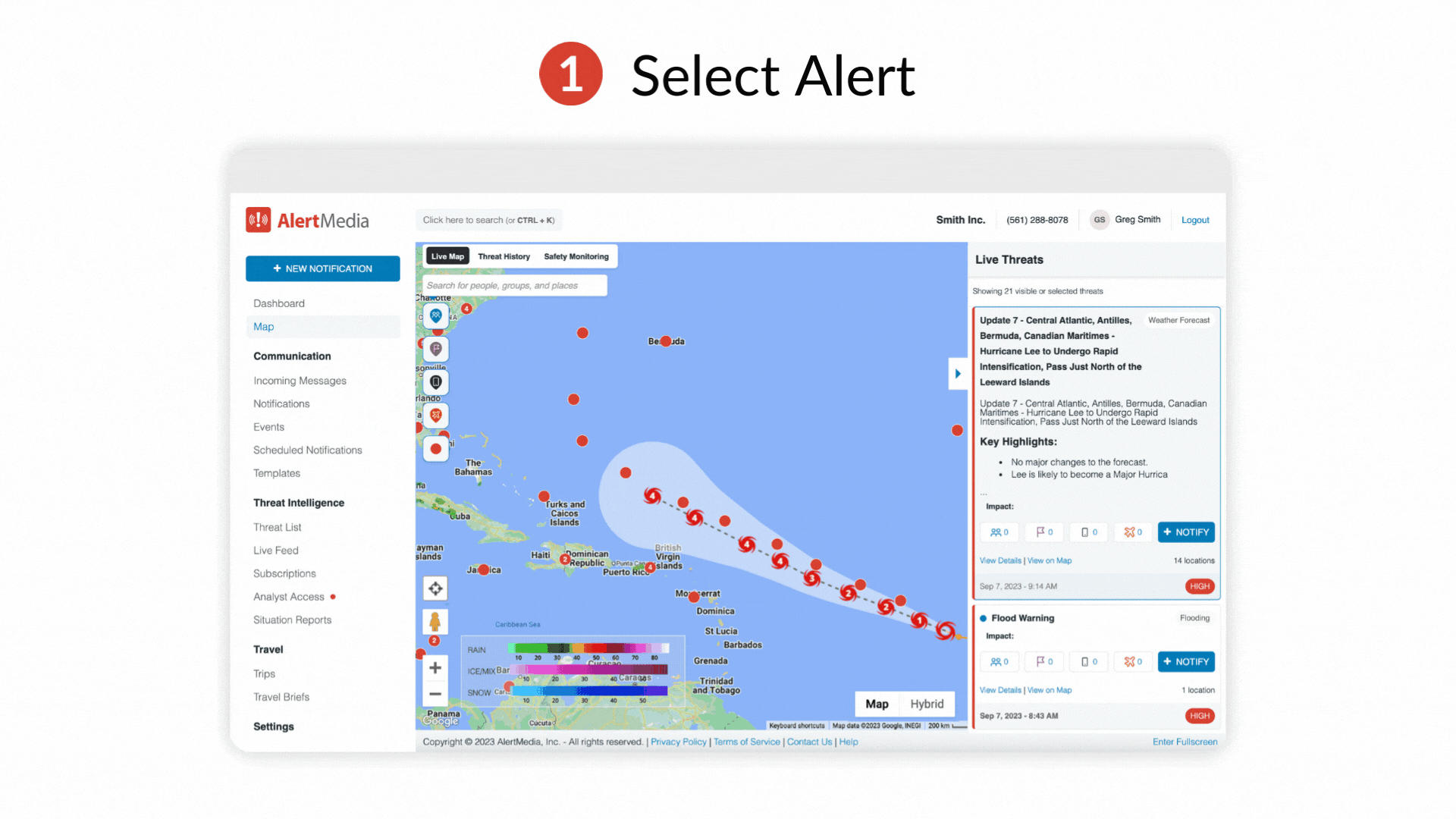 This GIF shows the process of sending a notification to employees about an incoming huricane