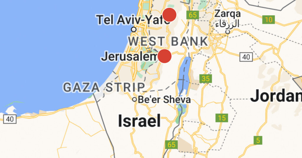 Map of Israel and Gaza Strip depicting locations impacted by Israel-Gaza conflict.