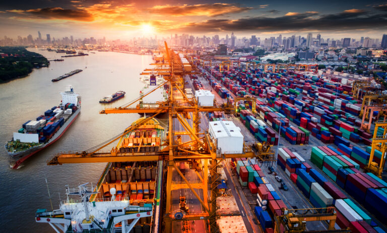 A port dock with cargo ships passing by and extensive rows of colorful cargo containers