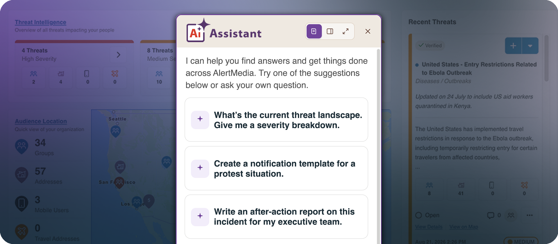 AlertMedia’s AI Assistant displaying suggested prompts for assessing threats, drafting a notification, and creating an after-action report.