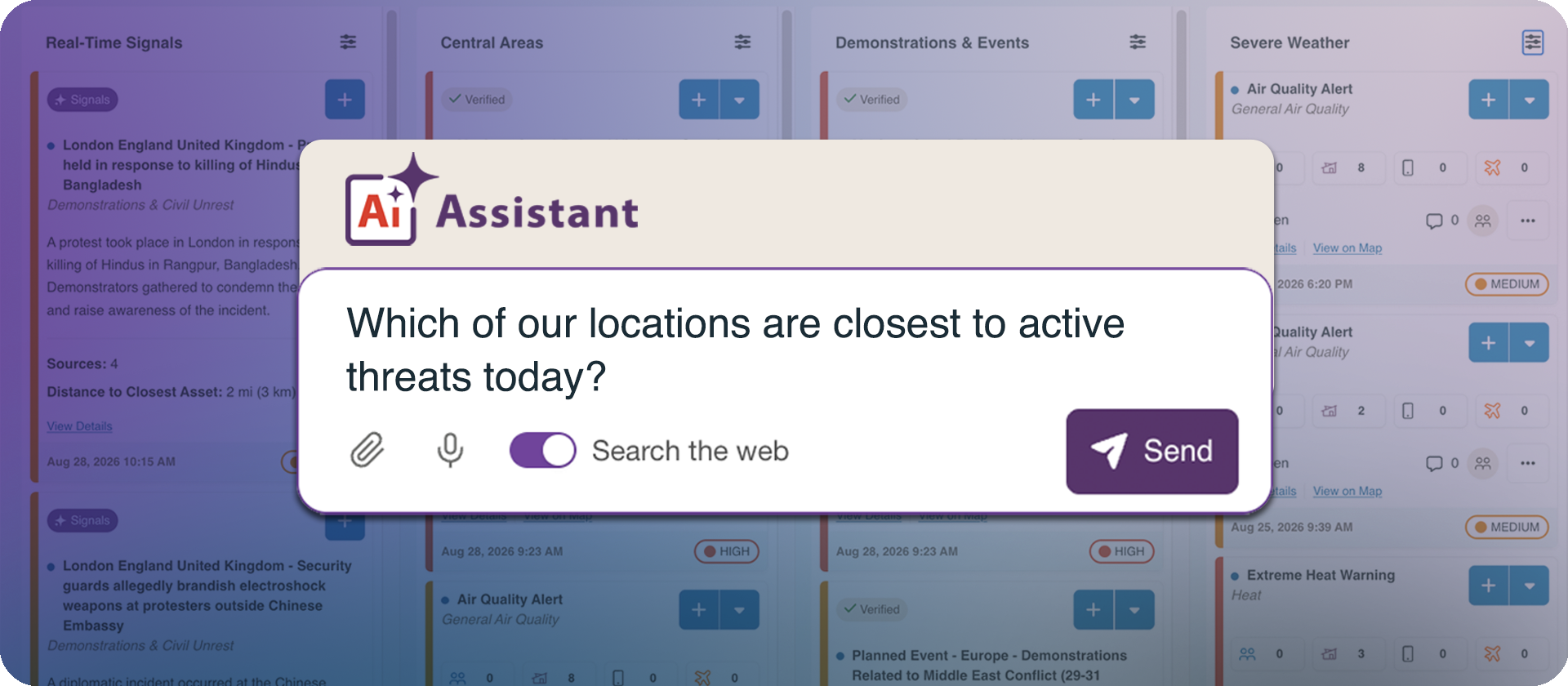 AlertMedia’s AI Assistant with the prompt, “Which of our locations are closest to active threats today?”
