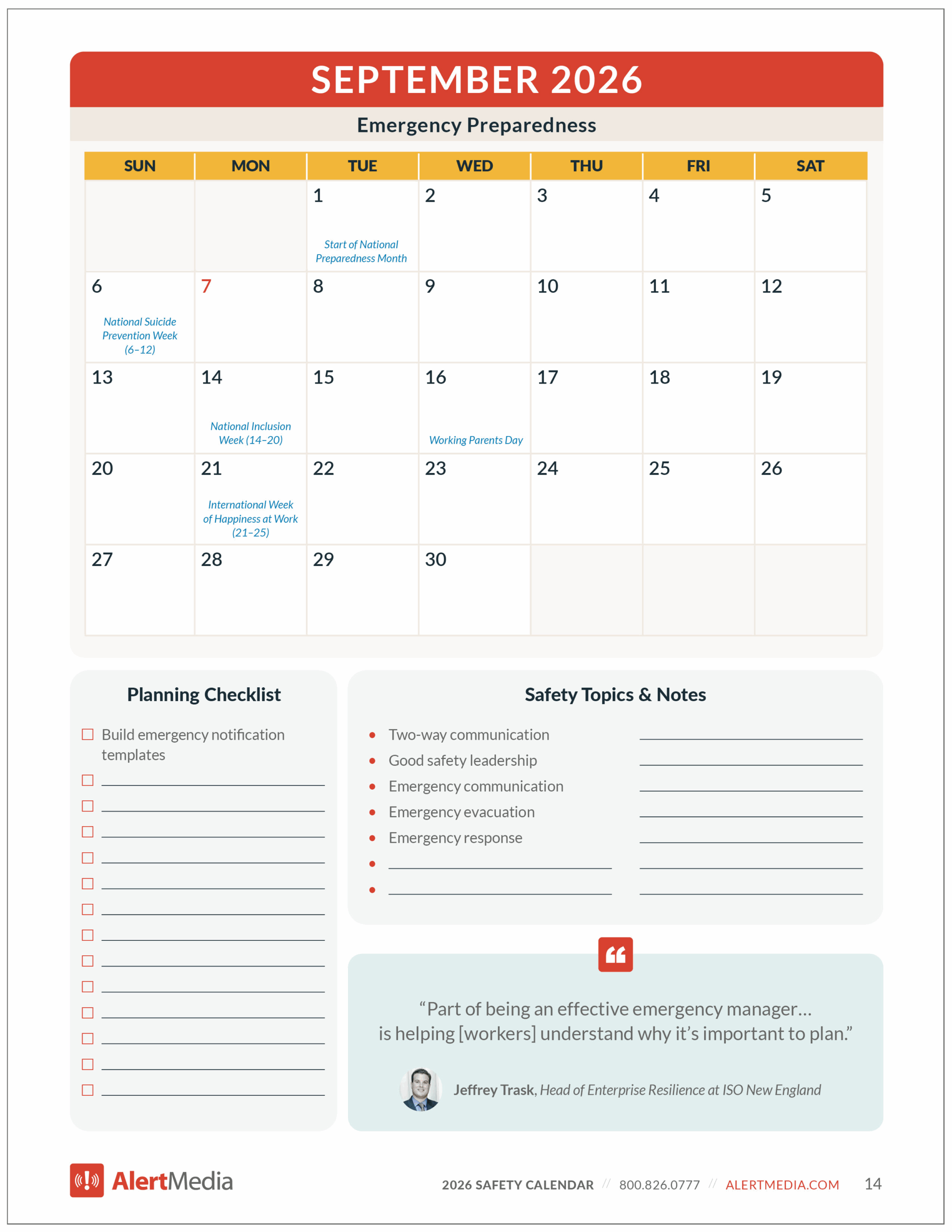 Preview of the September page of the 2026 Safety Calendar