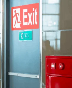 Exit sign on door, showing fire evacuation route