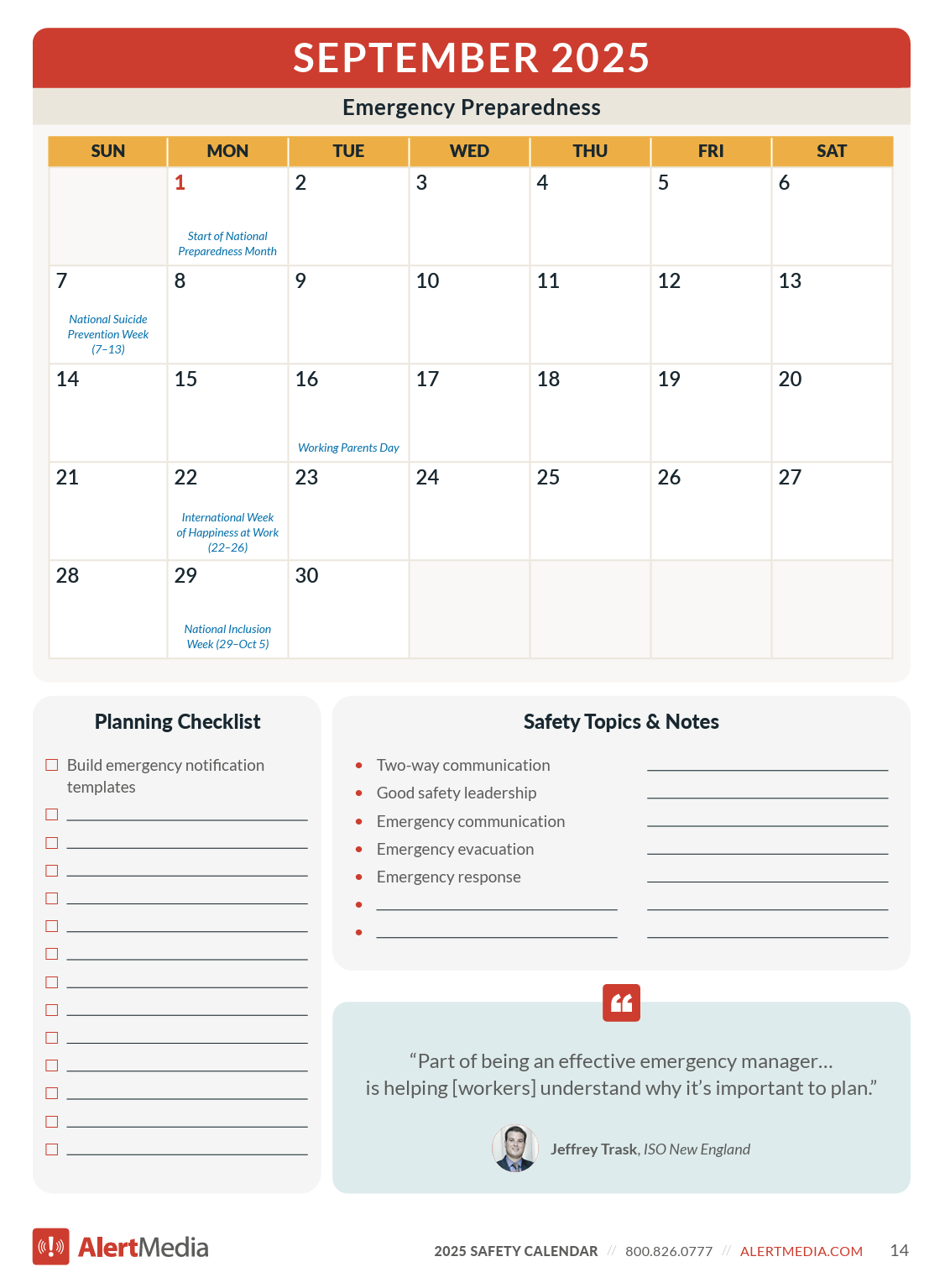 Preview of the September 2025 Annual Safety Calendar from AlertMedia