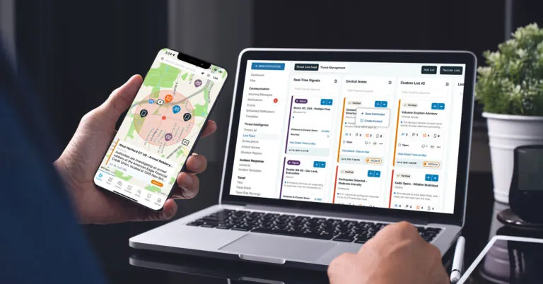 Laptop and mobile views of AlertMedia's Risk Intelligence suite of solutions