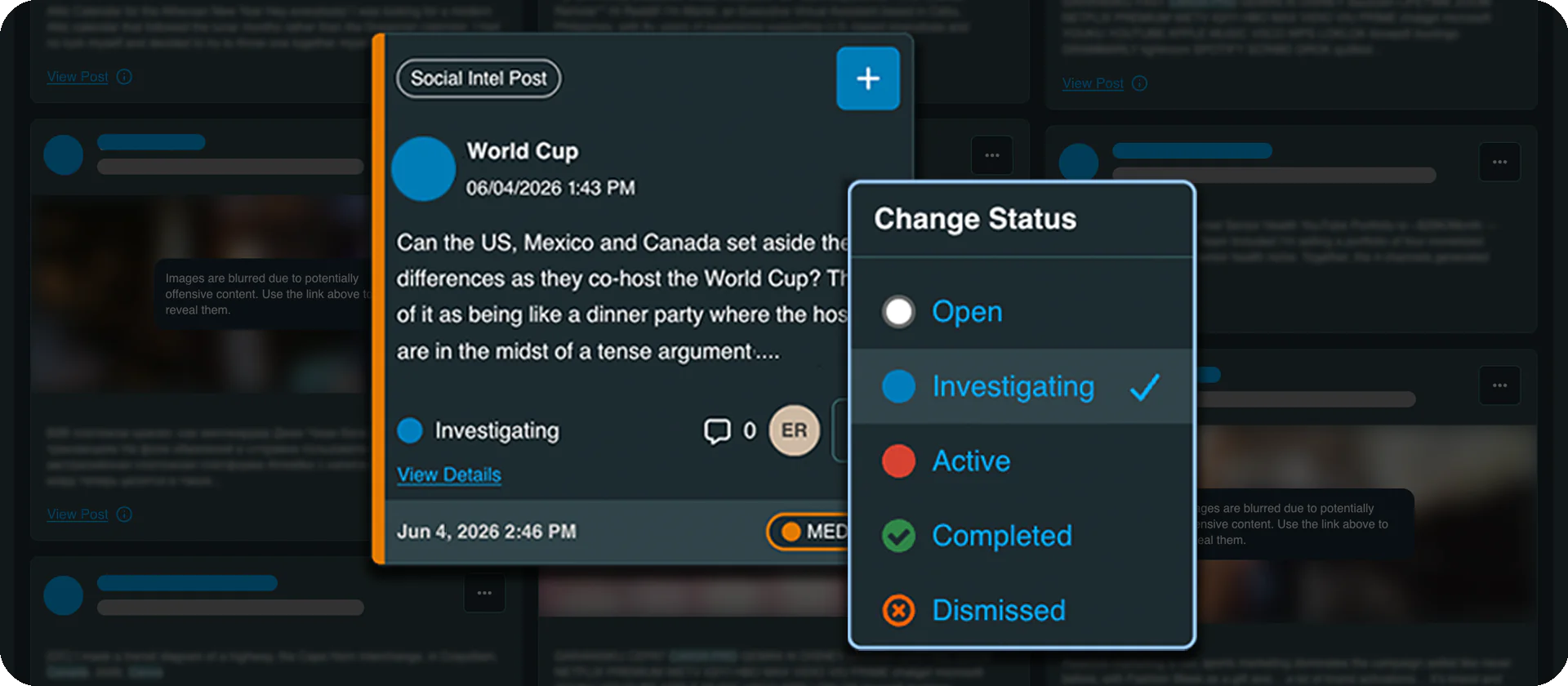 AlertMedia Threat Management interface showing a social intelligence post being assigned a status for investigation and response.