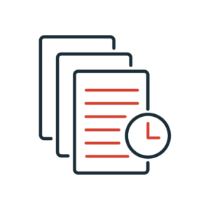 Dark icon of stacked documents with red text lines and a clock, symbolizing schedules, deadlines, records, or time-sensitive paperwork.
