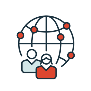 Illustration of a dark globe with red location nodes and two overlapping user silhouettes, suggesting global networking, connection, and community.