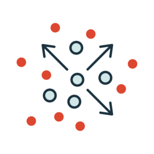 Abstract network diagram on a black background, with pale blue circles and red dots surrounding arrows pointing diagonally outward; dynamic, connected feel.